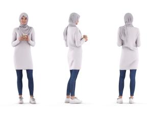 arab woman standing with a grey hijab and a coffee 3d model renderpeople