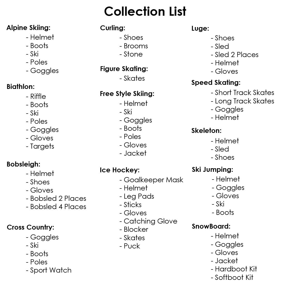 Sports Equipment List