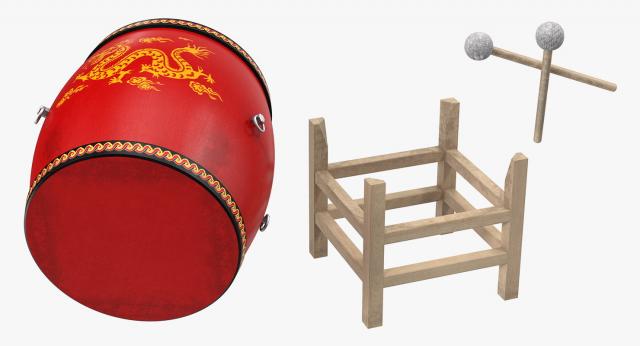 chinese drum with mallet and sticks 3d model turbosquid