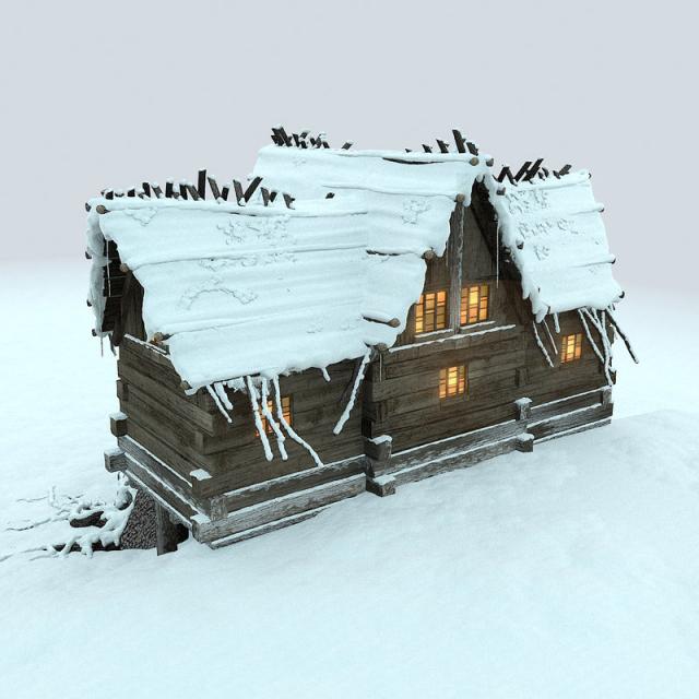 hut in the snowy mountains